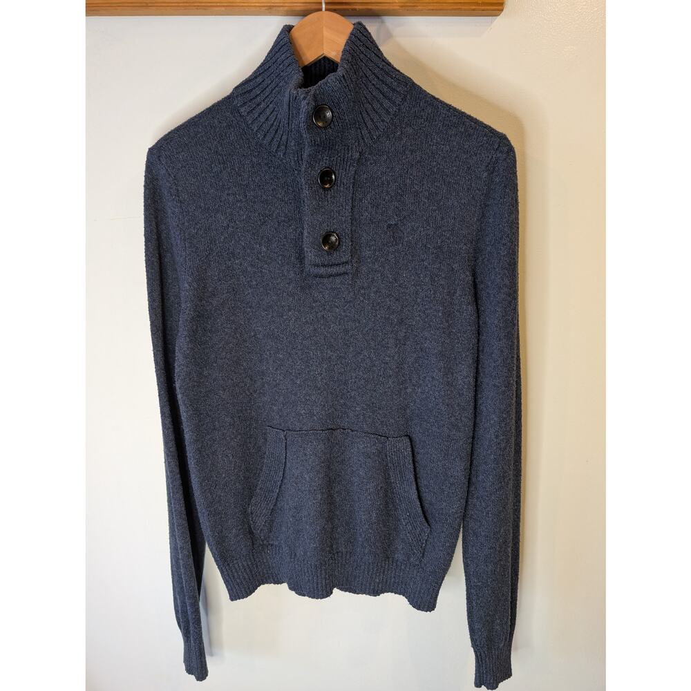 Abercrombie & Fitch Moose Logo Navy Henley Pullover Sweater Kangaroo Pocket S